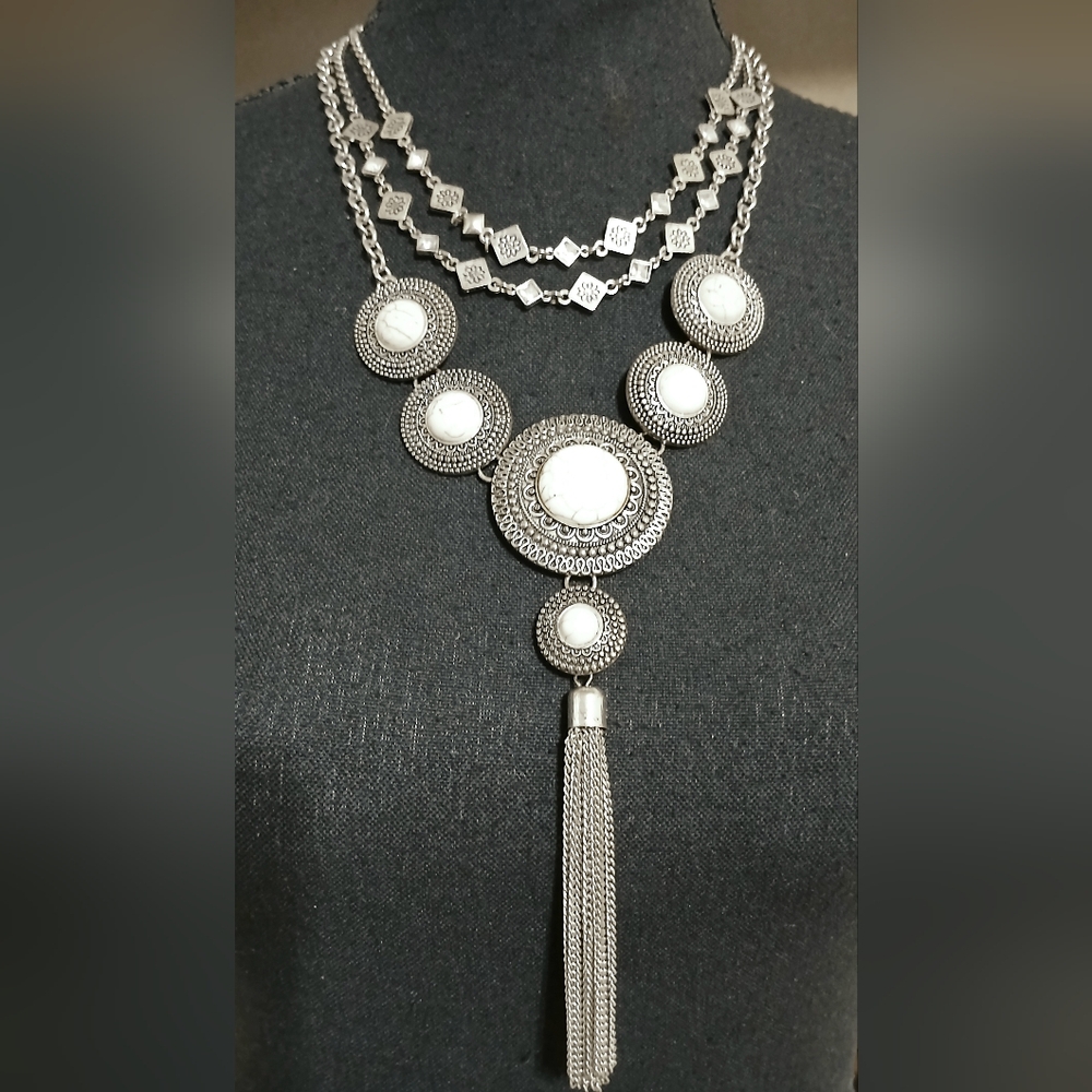 Statement Necklace, Custom Jewelry in Silver-tone with Aztec Detail